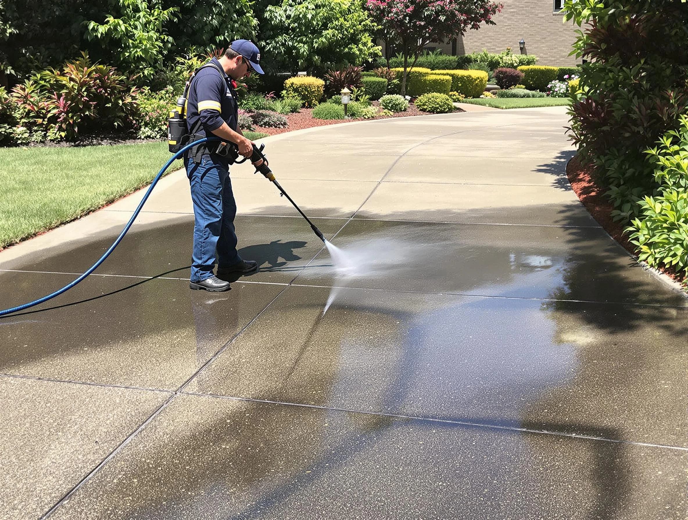 Experienced New Franklin Power Washing team member pressure washing a driveway in New Franklin