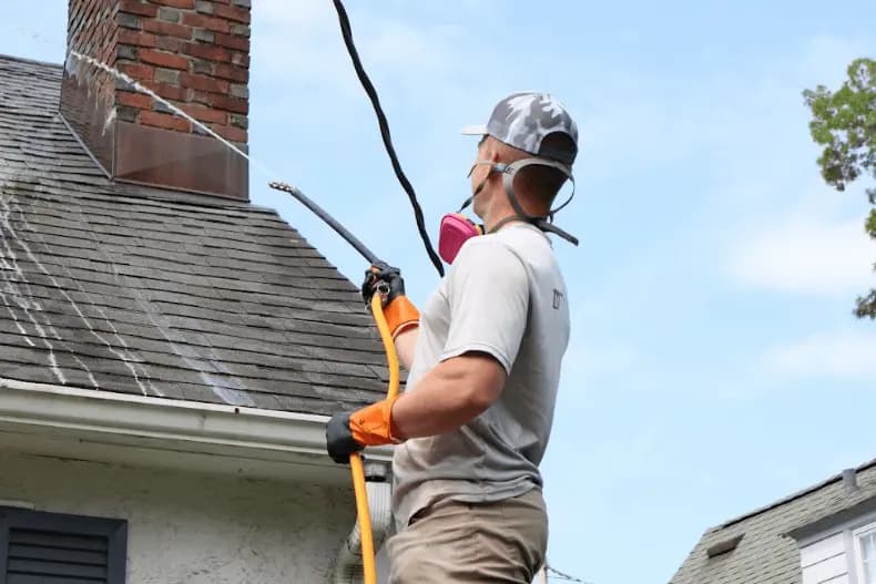 New Franklin Power Washing professional performing gentle roof washing service in New Franklin